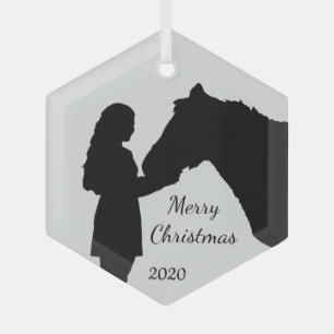 Ornement En Verre Fille de Noël Datée et son cheval amour Silhouette