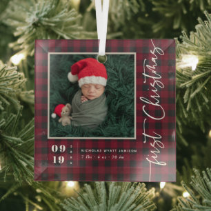 Ornement En Verre First Christmas Script Baby Birth Stats & Photo 