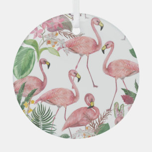 Ornement En Verre Flamant rose Feuilles tropicaux Motif aquarelle