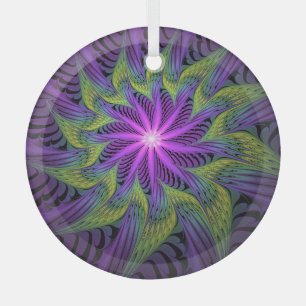 Ornement En Verre Fleur Abstraite Moderne de Fractale Violette Verte