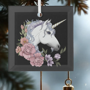 Ornement En Verre Fleurs de rose rose Licorne Blanche Enchantée