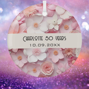 Ornement En Verre Fleurs rose blanc nom d'anniversaire