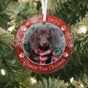 Ornement En Verre Flocon de neige de Noël du chien photo Rouge Blanc