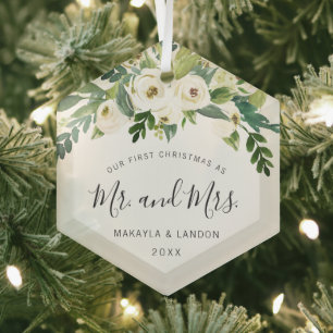 Ornement En Verre Floral Mr et Mrs Photo Notre premier Noël