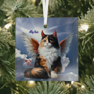 Ornement En Verre Funny Calico Demon et Angel Cat