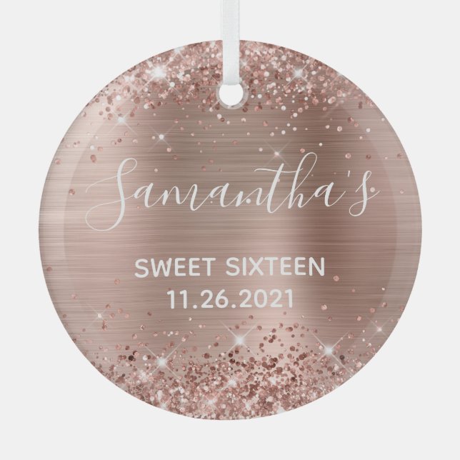 Ornement En Verre Glitterie Rose Gold Foil Sweet 16 (Recto)