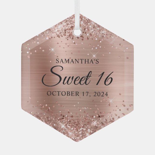 Ornement En Verre Glitterie Rose Gold Foil Sweet 16 (Recto)