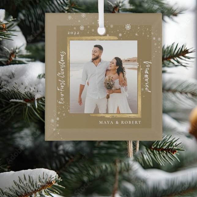 Ornement En Verre Gold encadré photo Notre premier Noël Marié (Créateur téléchargé)