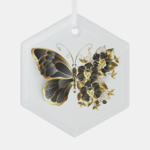 Ornement En Verre Gold flower Butterfly with Black Orchid