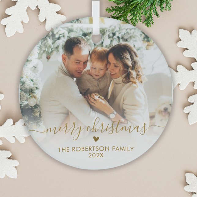 Ornement En Verre Gold Script Elegant Family Photo Merry Christmas   (Créateur téléchargé)