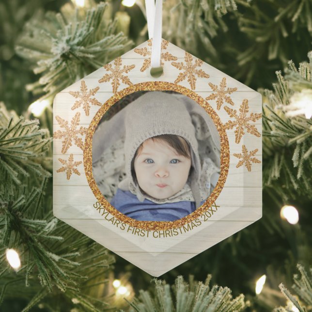 Ornement En Verre Gold Snowflake Chic Round Photo Noël (Insitu)