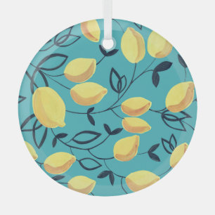 Ornement En Verre Gouache de citron jaune motif sur turquoise.