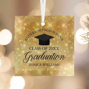 Ornement En Verre Graduation Gold Sparkle Custom School Noël