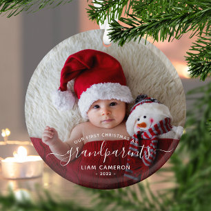 Ornement En Verre Grand-parents First Christmas Photo White Script