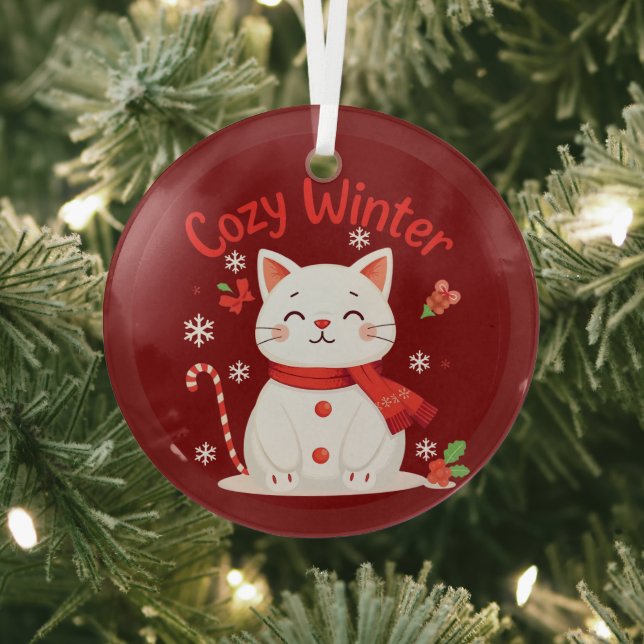 ORNEMENT EN VERRE HIVER COSY - KITTY SNOWMAN - VERRE ROUGE (Insitu)