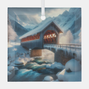 Ornement En Verre Hiver, pont enneigé et rivière