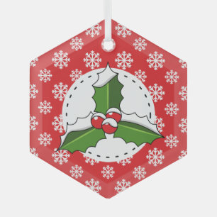 Ornement En Verre Holly Berry on Red White Snowflakes