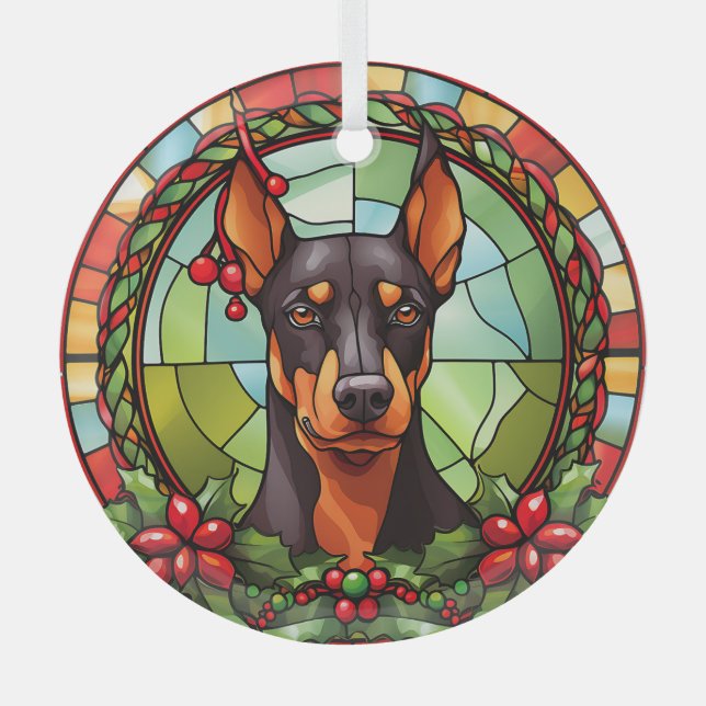 Ornement En Verre Holly Frame Doberman Pinscher Chien Noël (Recto)