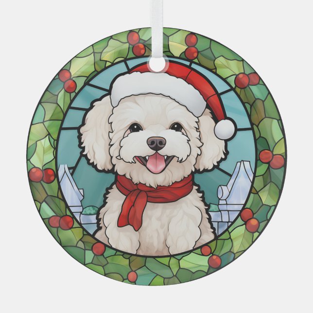 Ornement En Verre Holly Frame Père Noël Bichon Frise Chien Noël (Recto)