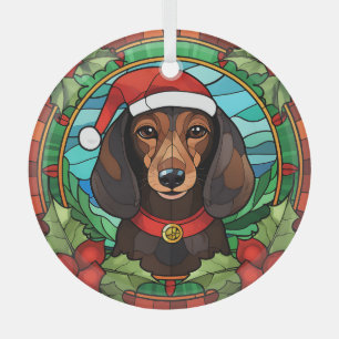 Ornement En Verre Holly Wreath Brown Dachshund Noël