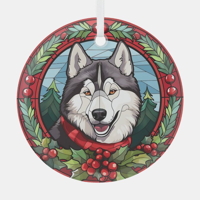 Ornement En Verre Holly Wreath Siberian Husky Chien Noël (Recto)