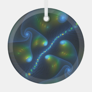 Ornement En Verre Imaginaire Abstrait Bleu Vert Jaune Fractal Art