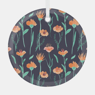 Ornement En Verre Imaginaire Orange Fleurs : Aquarelle Motif foncé.