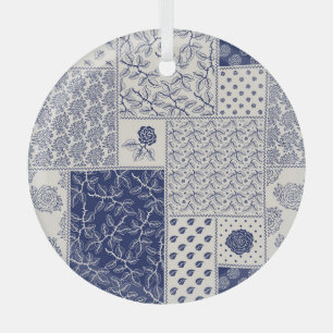 Ornement En Verre Indigo Bleu Beige Floral Patchwork