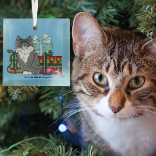 Ornement En Verre Joli Gris Blanc Noël Chat Présents Bleus