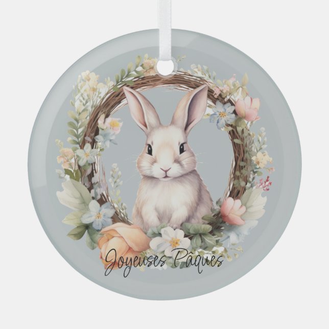 Ornement En Verre Joyeuses Pâques Lapin De Pâques Dans Une Couronne  (Recto)