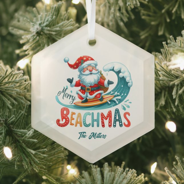 Ornement En Verre Joyeux Beachmas Père Noël Surfing Retro Design (Insitu)