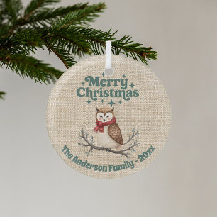 Ornement En Verre Joyeux burlap beige de Noël mignon hibou vert