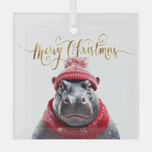 Ornement En Verre Joyeux chapeau et foulard de Noël Hippo