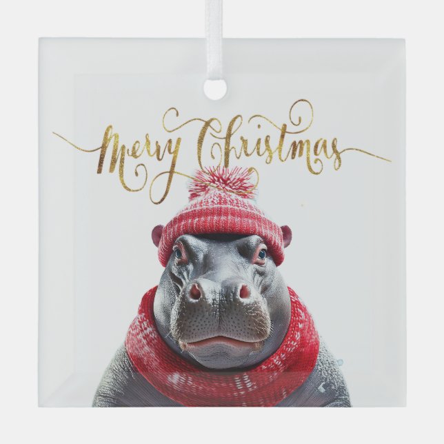 Ornement En Verre Joyeux chapeau et foulard de Noël Hippo (Recto)