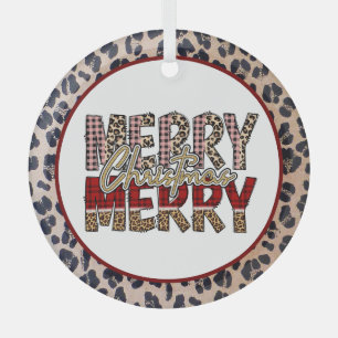 Ornement En Verre Joyeux Joyeux Noël avec léopard et imprimé plaid