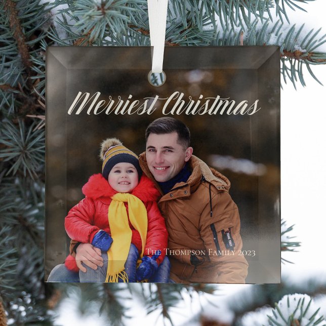 Ornement En Verre Joyeux Noël Elégant Script Blanc Sur Photo (Créateur téléchargé)