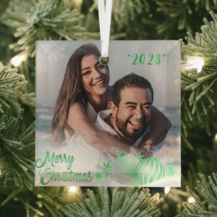 Ornement En Verre Joyeux Noël Flocon de neige vert personnalisé