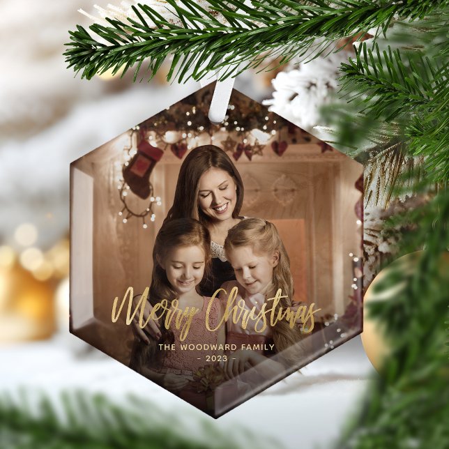 Ornement En Verre Joyeux Noël Gold Script photo de famille (Créateur téléchargé)