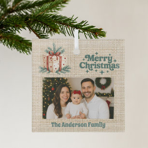 Ornement En Verre Joyeux Noël rouge photo beige burap boîte cadeau