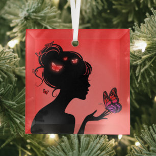 Ornement En Verre La femme papillons rouges Glass Ornament