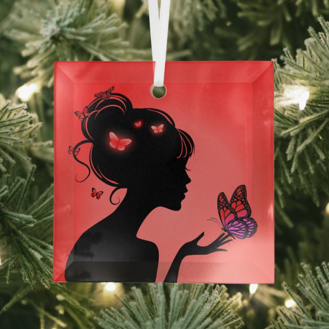 Ornement En Verre La femme papillons rouges Glass Ornament (Insitu)