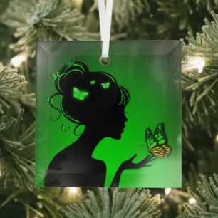 Ornement En Verre La femme papillons verts Glass Ornament