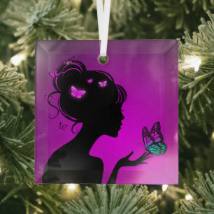 Ornement En Verre La femme papillons violets Glass Ornament