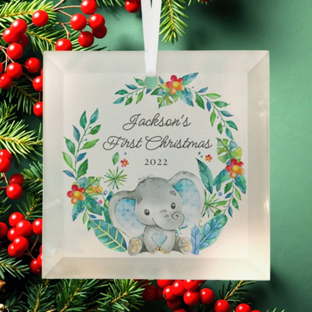 Ornement En Verre Le premier Noël de l'éléphant de la jungle (Créateur téléchargé)