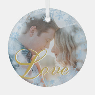 Ornement En Verre Love Blue Snowflakes Frame Photo personnalisée