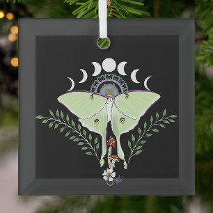 Ornement En Verre Lune Papillon Éthéré Vert Mystique Céleste