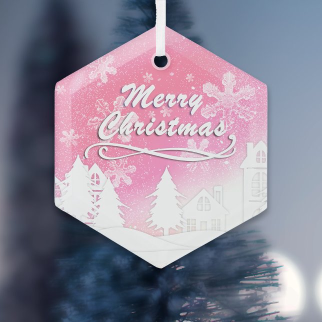 Ornement En Verre Maison Blanche Blanche Blanche Rose Joyeux Noël (Créateur téléchargé)