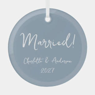 Ornement En Verre Mariés Personnalisés Couple Manuscrit Bleu