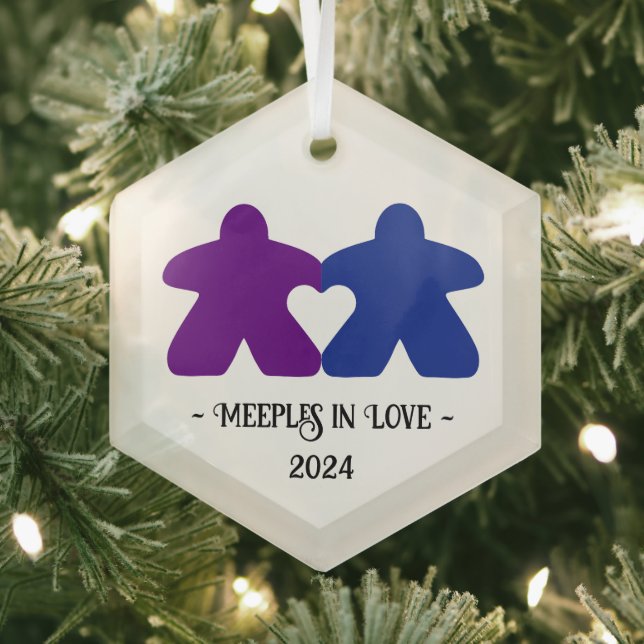 Ornement En Verre Meeples in Love, Purple & Blue Glass Ornament (Insitu)