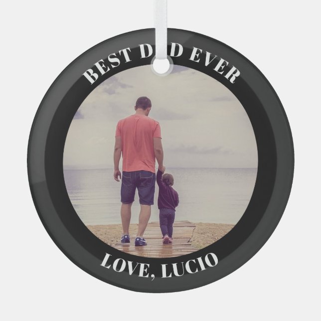 Ornement En Verre Meilleur papa photo personnalisée noir (Recto)